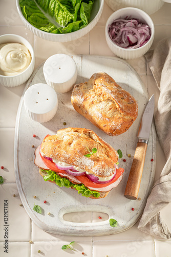 A homemade sandwich with ju...