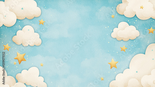 Dreamy blue sky with fluffy clouds and shining stars, perfect for a whimsical design.