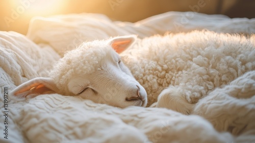Fluffy White Sheep Nestled Cosily in Soft Bed with Gentle Light