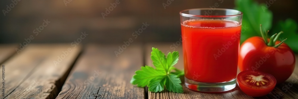 Crimson tomato juice, parsley garnish, rustic wood , red color, food photography Crimson tomato juice, parsley garnish, rustic wood , red color, food photography