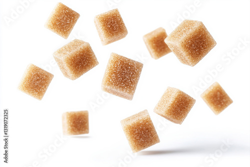 Floating brown sugar cubes in a white background, highlighting sweetness and texture. isolated on white background.