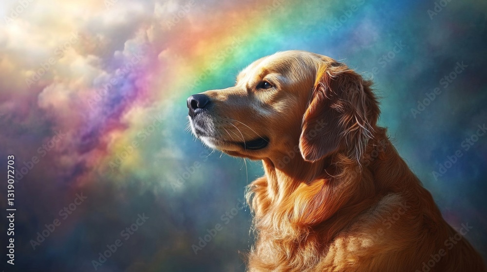 Golden Retriever with Flopped Ears Gazing at Vibrant Rainbow Golden Retriever with Flopped Ears Gazing at Vibrant Rainbow
