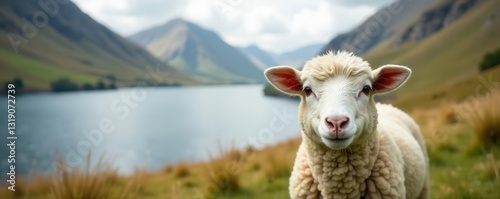 Curious sheep gaze intently at viewer, Lake District's scenic backdrop , gaze, countryside, ovine