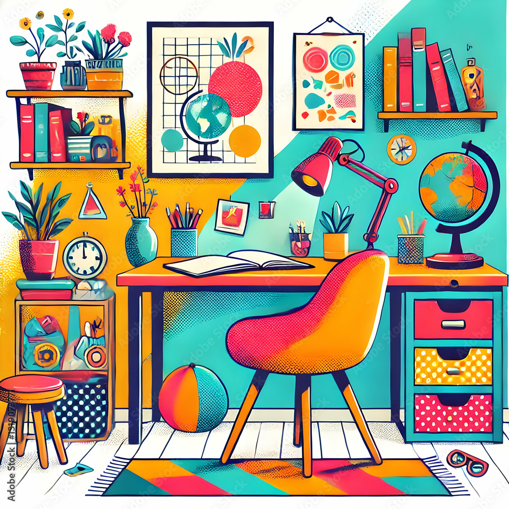 A vibrant and cozy home office with creative decor, a comfortable chair, and a spacious desk, illustrated in a colorful minimalist style. A vibrant and cozy home office with creative decor, a comfortable chair, and a spacious desk, illustrated in a colorful minimalist style.