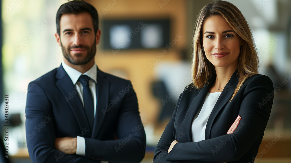 Two Business Professionals in Formal Attire: Head and Shoulders Portrait with Natural Side Lighting, Sharp Detailing, and Professional Ambiance Two Business Professionals in Formal Attire: Head and Shoulders Portrait with Natural Side Lighting, Sharp Detailing, and Professional Ambiance