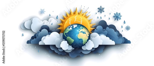 vector illustration of earth surrounded by weather elements of sun, thunderstorms, rain clouds, snowflake, and lightning bolts. world meteorological day, climate and meteorology
