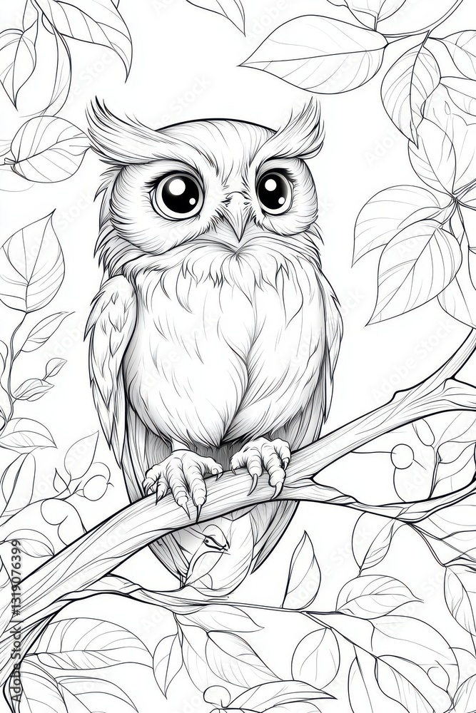 Fototapeta premium A cute, hand-drawn owl perched on a branch surrounded by leaves, perfect for coloring or illustration projects.