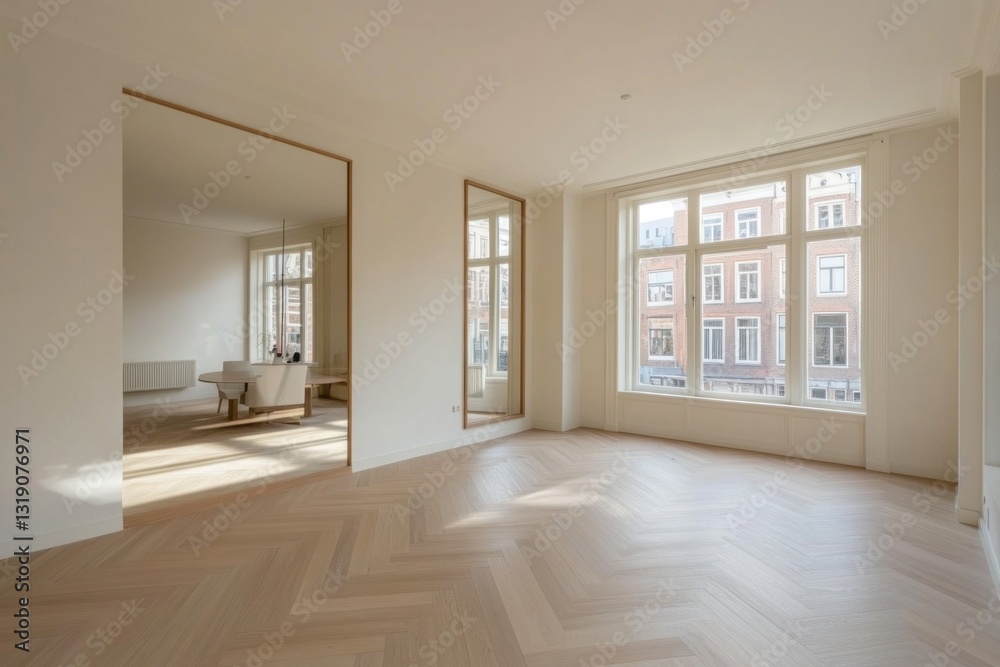 Fototapeta premium Modern empty apartment with herringbone floors and large windows.