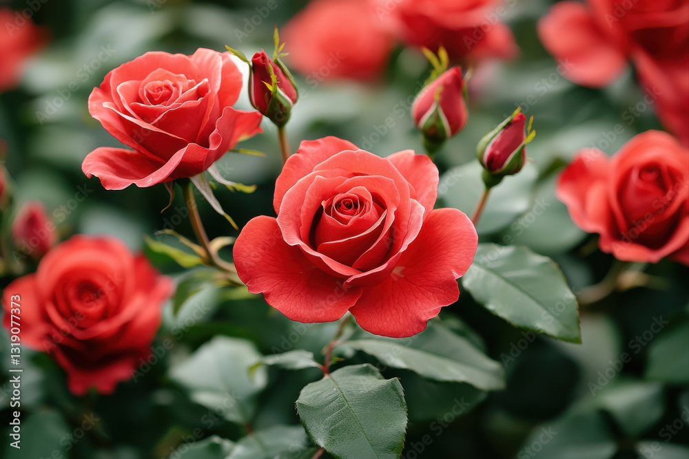 Stunning red roses blooming beautifully in a vibrant green garden. Stunning red roses blooming beautifully in a vibrant green garden.