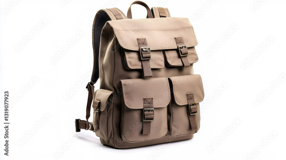 Stylish beige backpack with multiple pockets, perfect for outdoor adventures. isolated on white background. Stylish beige backpack with multiple pockets, perfect for outdoor adventures. isolated on white background.