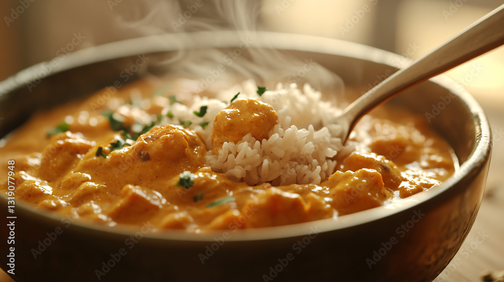 Creamy Chicken Curry with Rice and Fresh Herbs in Warm Bowl Creamy Chicken Curry with Rice and Fresh Herbs in Warm Bowl