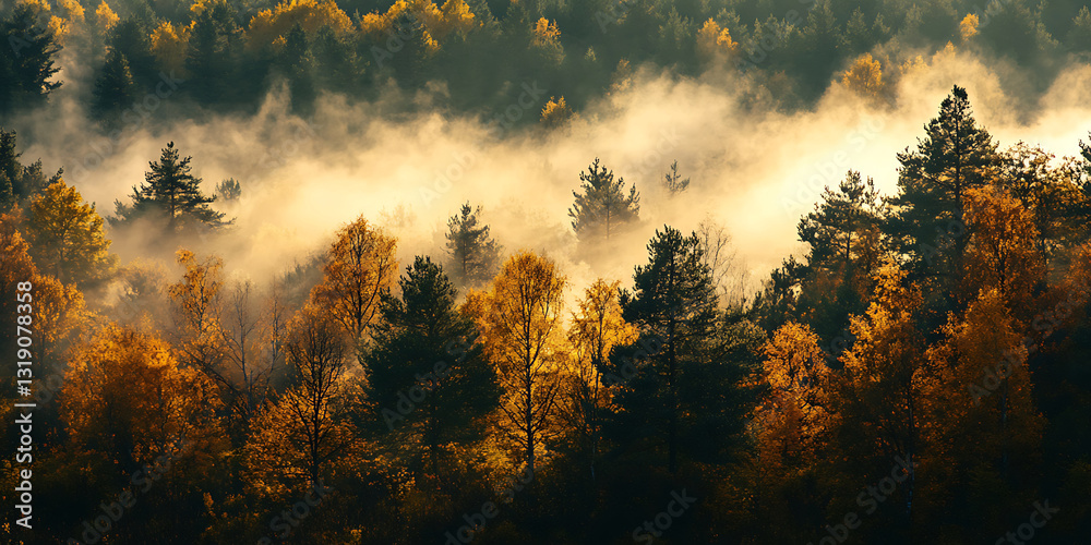 Naklejka premium Valley Covered in Mist at Sunrise for Nature Photography, Travel Inspiration, or Atmospheric Art Projects