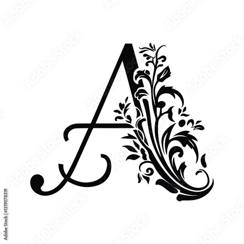 Elegant floral letter A with intricate ornamental design for decorative typography and artistic monograms
