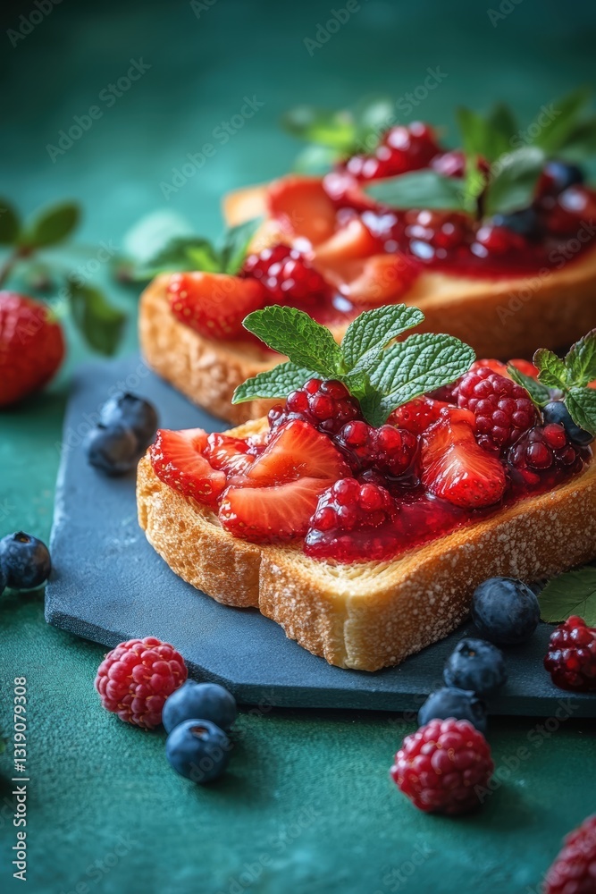 crispy toasts slathered with vibrant fruit jams and topped with an array of colorful berries