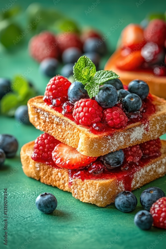 crispy toasts slathered with vibrant fruit jams and topped with an array of colorful berries