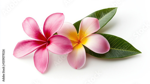 Two vibrant plumeria flowers with green leaves on a clean white background. isolated on white background.