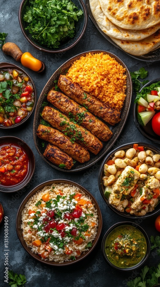 Fototapeta premium An array of exquisitely prepared food is laid out on a dark surface, featuring skewers of grilled meat, aromatic rice, fresh salads, and flavorful sauces. Each dish bursts with color