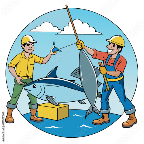 Cartoon vector illustration of a fisherman with a fishing rod in winter clothing