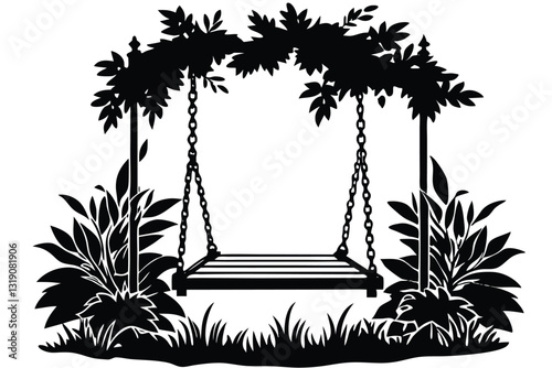 A swing hangs from a tree and there is a bench under it silhouette Vector