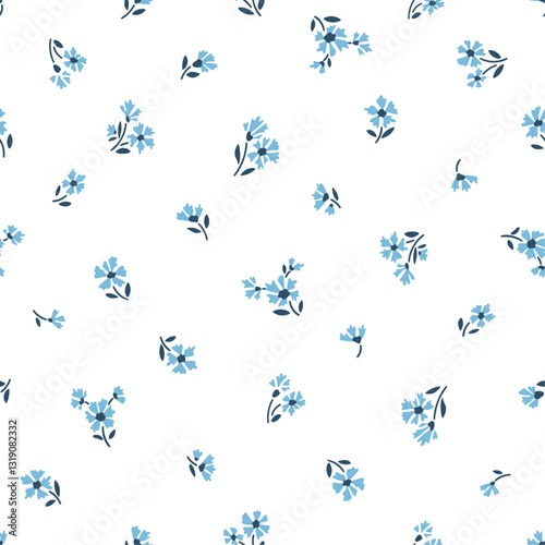 Cute blue small daisy flower with leaves, floral ditsy seamless pattern for girl and woman dress, fashion fabric print textile, spring easter vibe, summer art. Vector illustration.ai