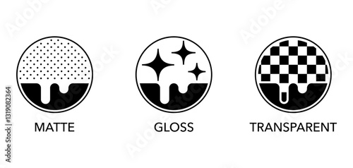 Matte, Gloss and Transparent - type of surface. Icons n monochrome style and circle shapes