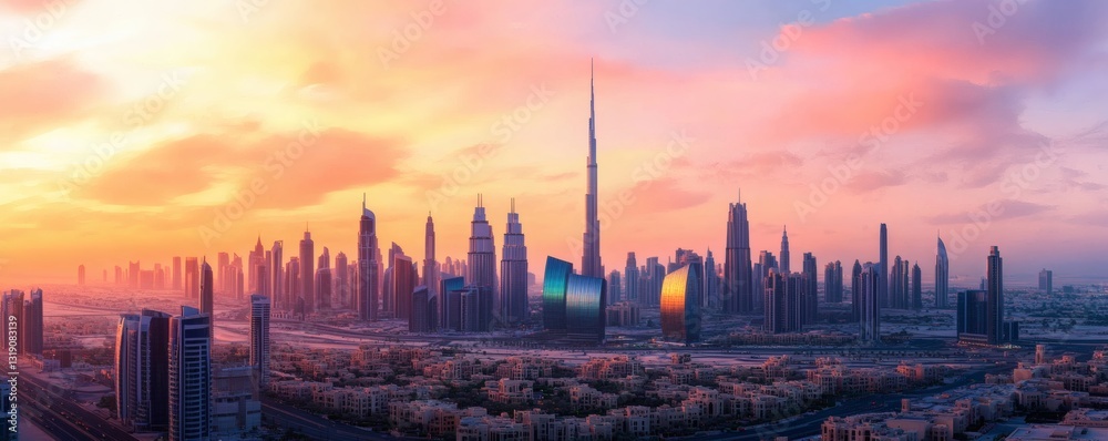 An expansive city skyline featuring impressive tall buildings and a sunset An expansive city skyline featuring impressive tall buildings and a sunset