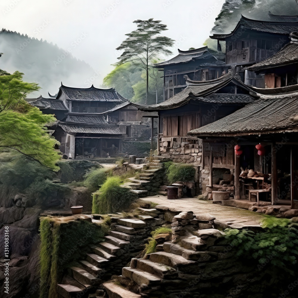 an AI Image Generator, Serene Ancient Village Pathway Through Traditional Chines an AI Image Generator, Serene Ancient Village Pathway Through Traditional Chines