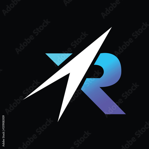 Letter R Logo with Electric Lightning Bolt in Blue and Purple Gradient on Black Background