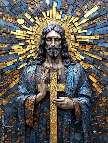 A stunning mosaic depicting Christ with a radiant halo, symbolizing faith and spirituality in a vibrant artwork.