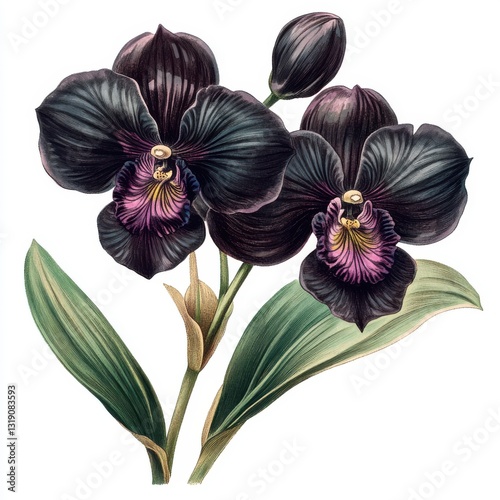 Vintage watercolor black orchid isolated on white background