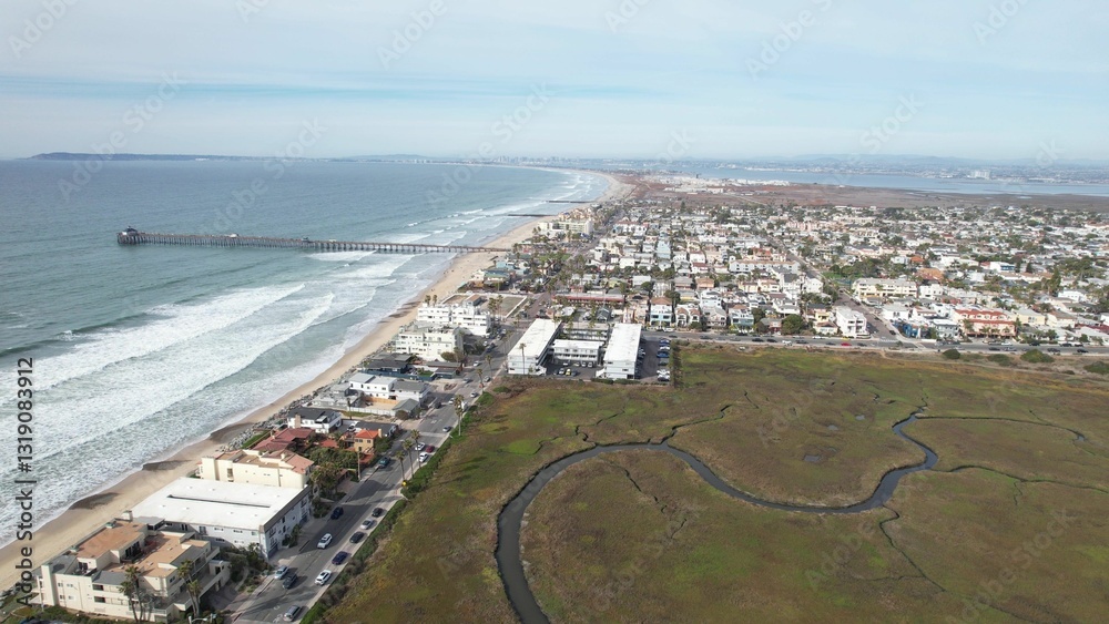 Fototapeta premium Aerial view of Imperial Beach coastline and pier.