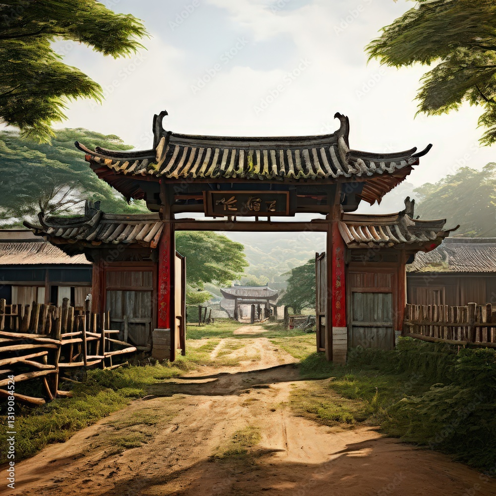 Obraz premium an AI Image Generator, Traditional Chinese Village Gate with Ancient Architecture