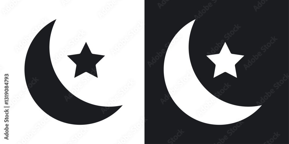 Star and crescent vector icon set in solid style. Star and crescent vector icon set in solid style.