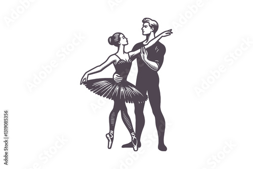 Ballet couple dancing in vintage engraving style, vector icon
