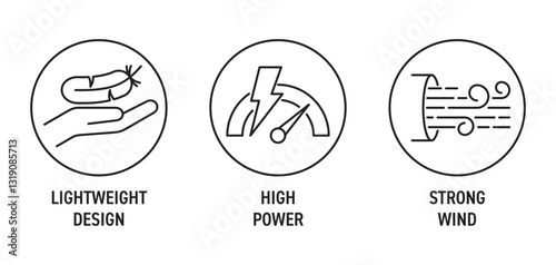 Hair Dryer icons in thin line - Strong wind, Lightweight design, High power