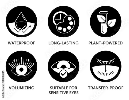 Mascara properties and benefits icons set in monochrome style and circle shapes