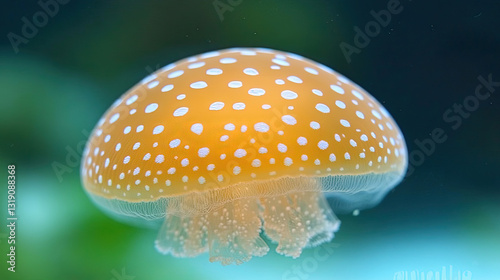 A Vibrant Orange Jellyfish With White Spots Floats Gracefully in a Clear Aquatic Environment, Showcasing Its Delicate Tentacles