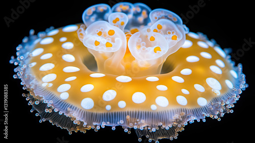 Colorful Jellyfish With Vibrant Spots Swimming Gracefully in Dark Ocean Waters While Illuminating the Surroundings