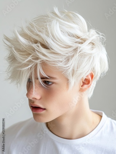 Man with platinum hair after barbershop on light background . 