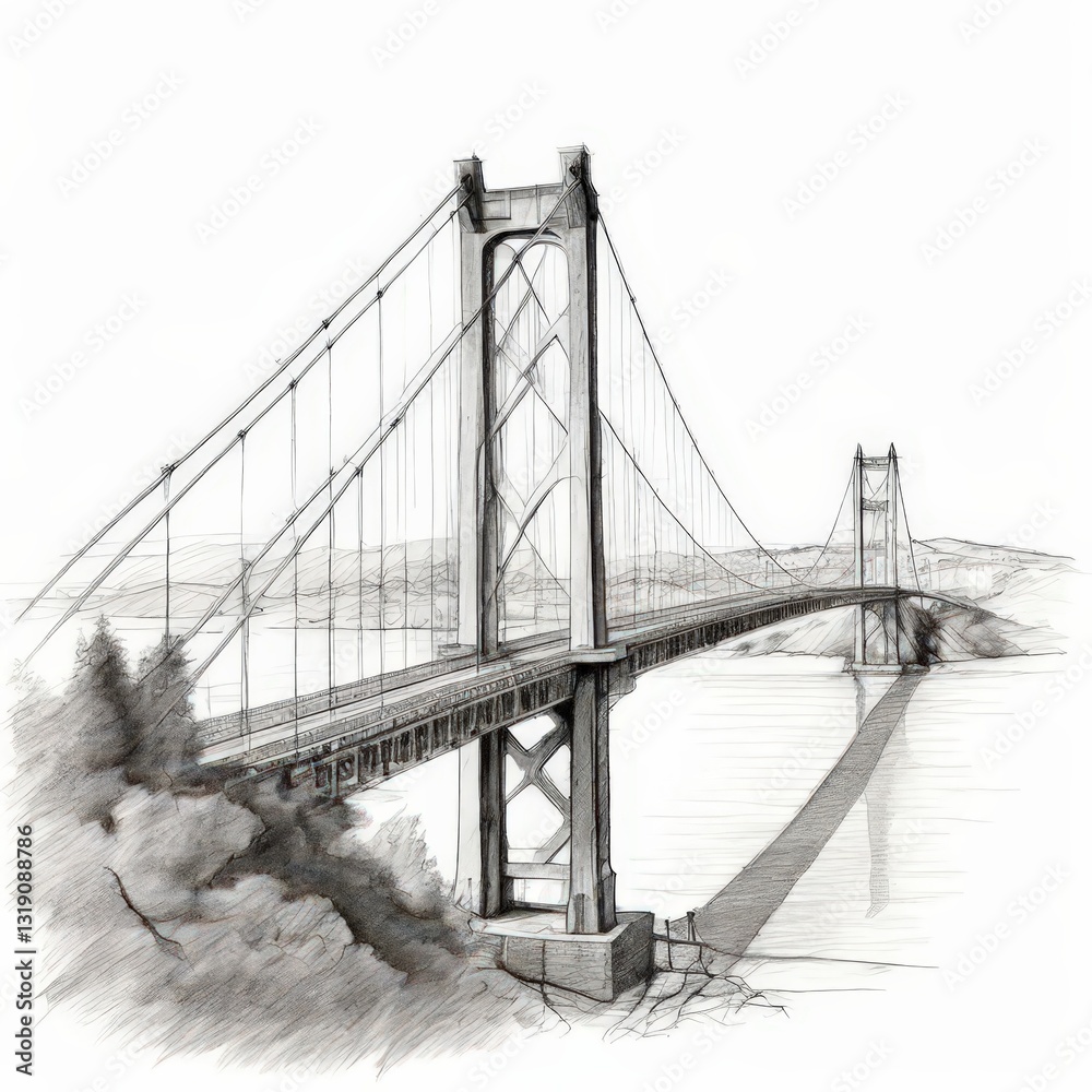 Fototapeta premium an AI Image Generator, Black and White Sketch of a Suspension Bridge