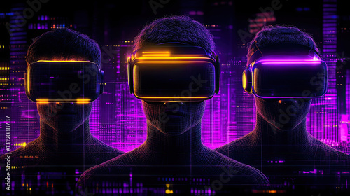 Three Individuals Immersed in Virtual Reality With Colorful Neon Lights in a Futuristic Cityscape at Night