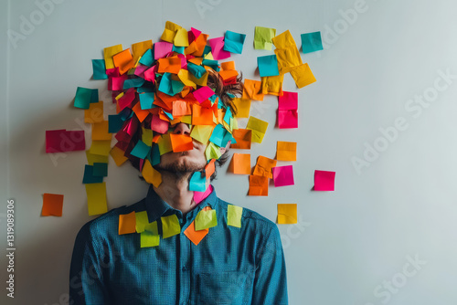 Overwhelmed Person Covered in Colorful Sticky Notes
