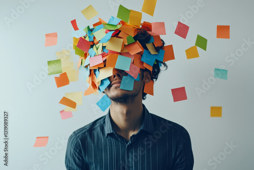 Overwhelmed Person Covered in Colorful Sticky Notes
