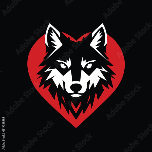 Bold geometric wolf head in black and white inside a red heart shape on a dark background symbolizing strength loyalty and passion perfect for logos tattoos and modern graphic design concepts