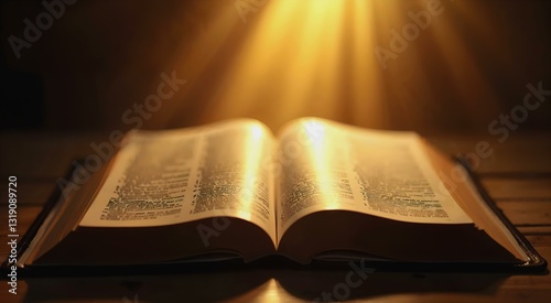 Open Bible illuminated by golden light streaming onto its pages