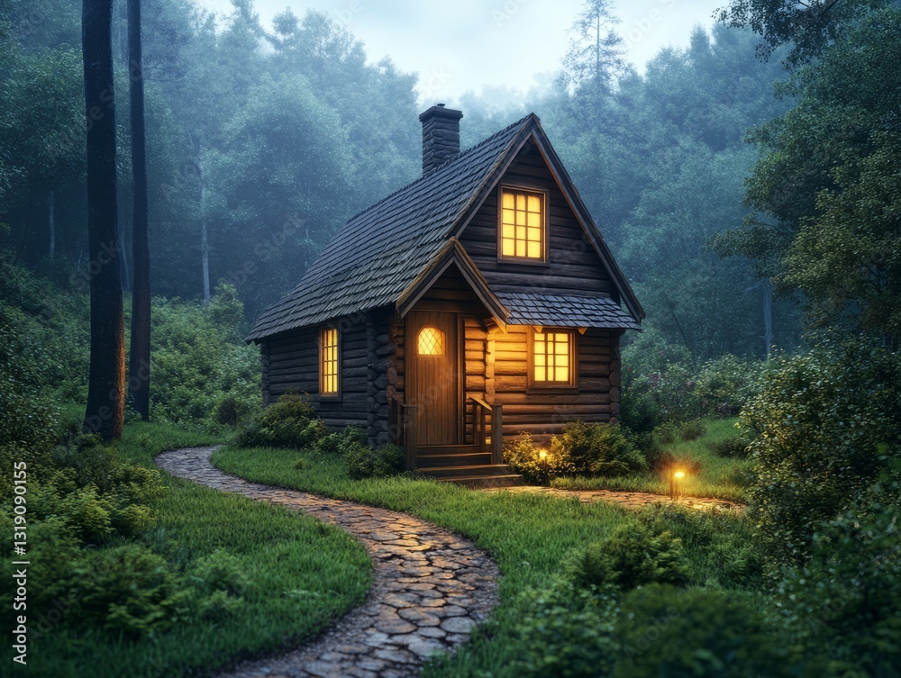 Fototapeta premium Cozy Wooden Cabin Surrounded by Lush Green Forest in Soft Evening Light