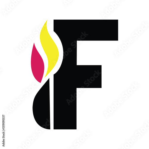 Creative Letter F Logo with Flame Design in Black Red and Yellow on White Background