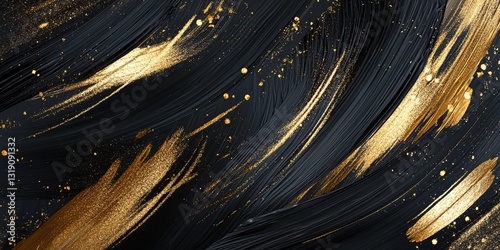 An elegant combination of black and gold abstract brush strokes with shimmering metallic details. 32k, full ultra HD, high resolution, Wide header banner