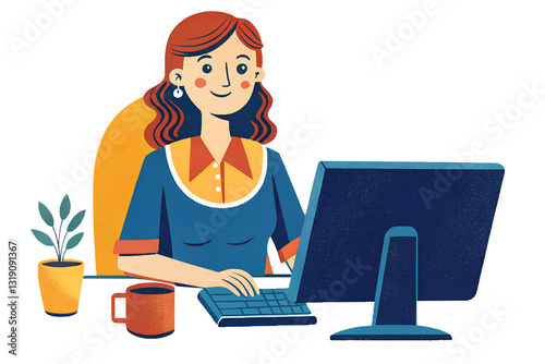 Smiling Businesswoman Working on Computer : Illustration of a cheerful businesswoman sitting at a desk, working on a computer with a coffee cup and plant nearby. 