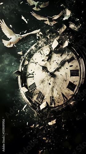 18. **A shattered clock with pieces turning into birds flying away**